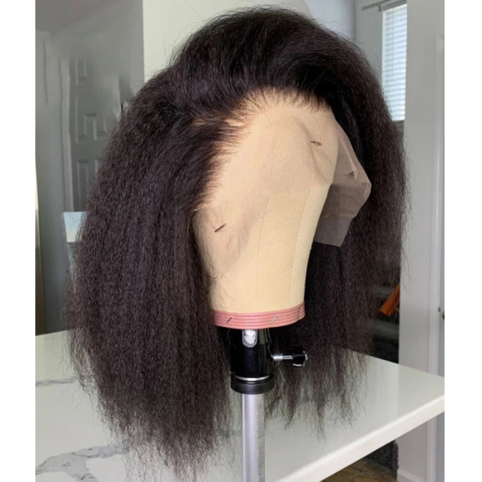 Kinky Straight Short Bob 100% Human Hair Wig for Women 13x4 Front Transparent Lace Glueless Peruvain Remy Hair Soft Yaki Bob Wig