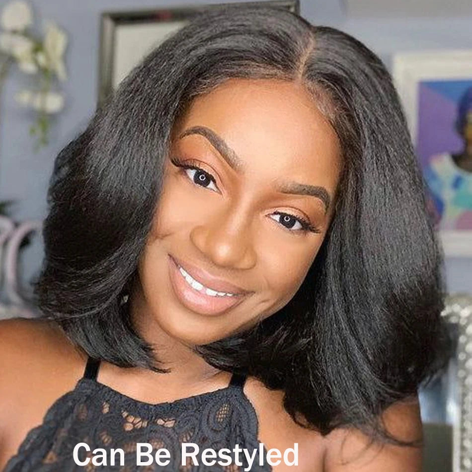 Kinky Straight Short Bob 100% Human Hair Wig for Women 13x4 Front Transparent Lace Glueless Peruvain Remy Hair Soft Yaki Bob Wig
